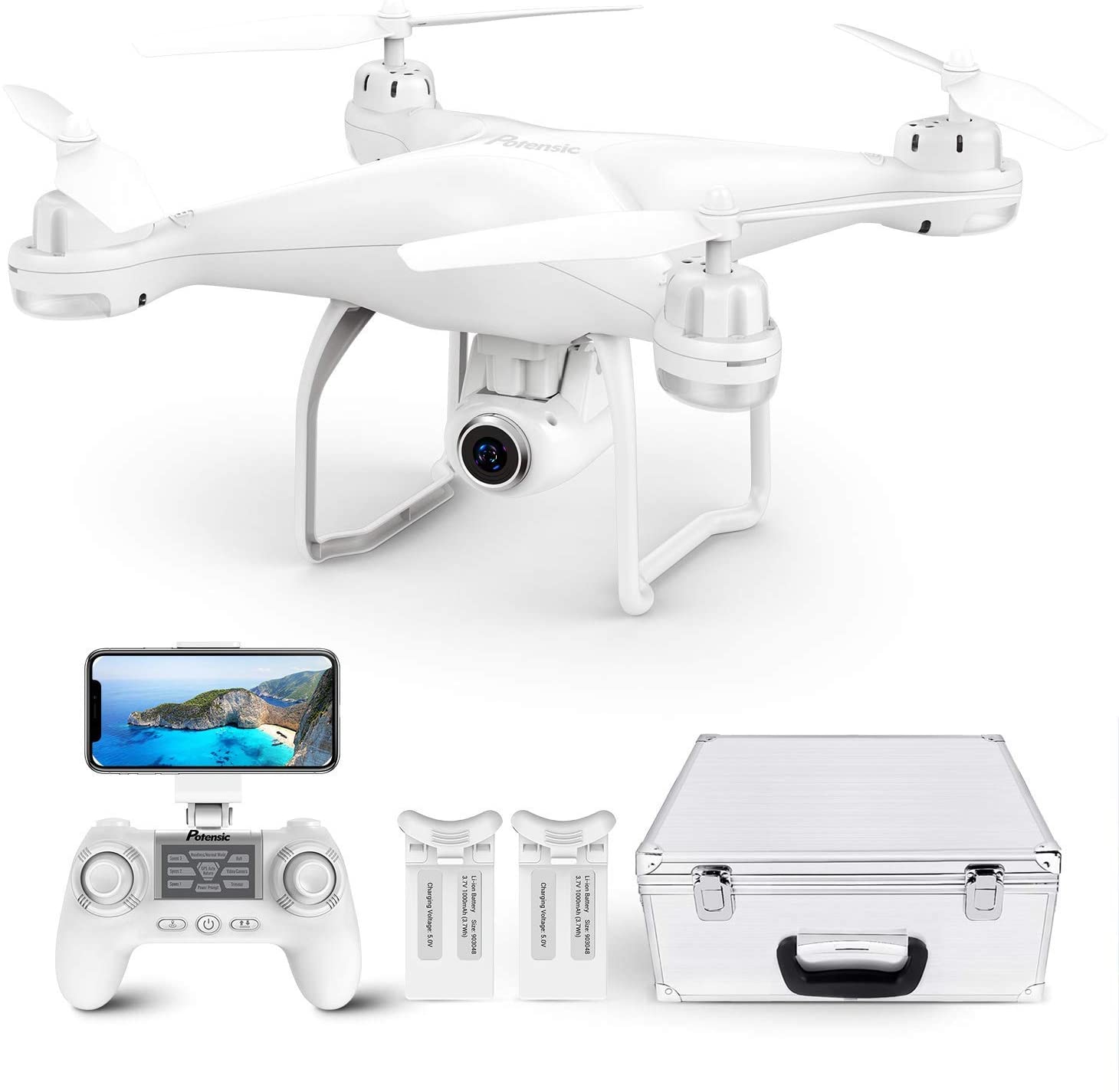 Drone blanco con control, baterías y maletín