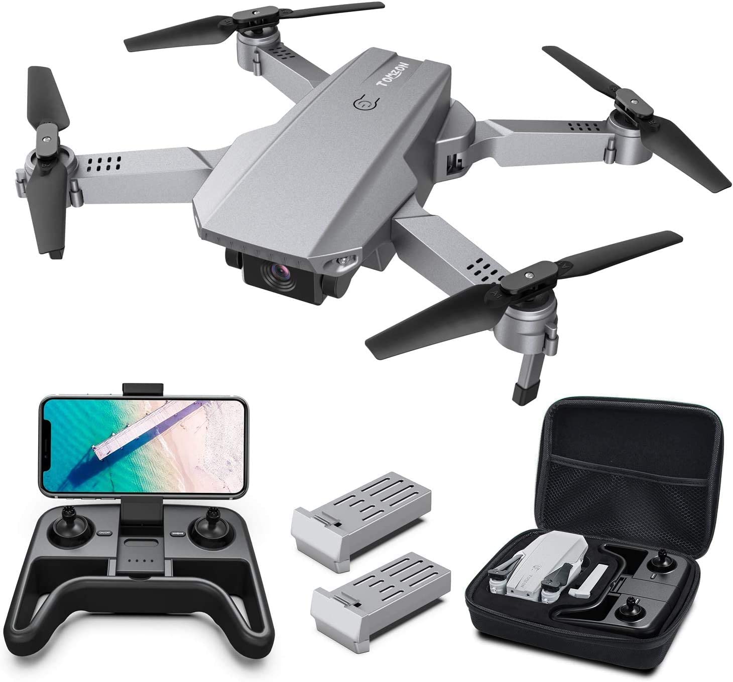 drone gris con control, 2 baterías y estuche