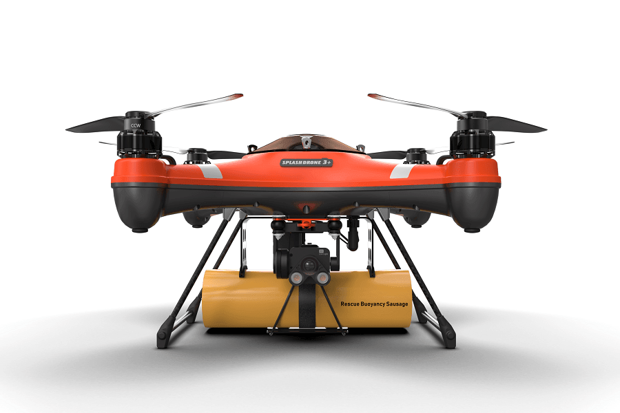 drone naranja y negro con kit de rescate