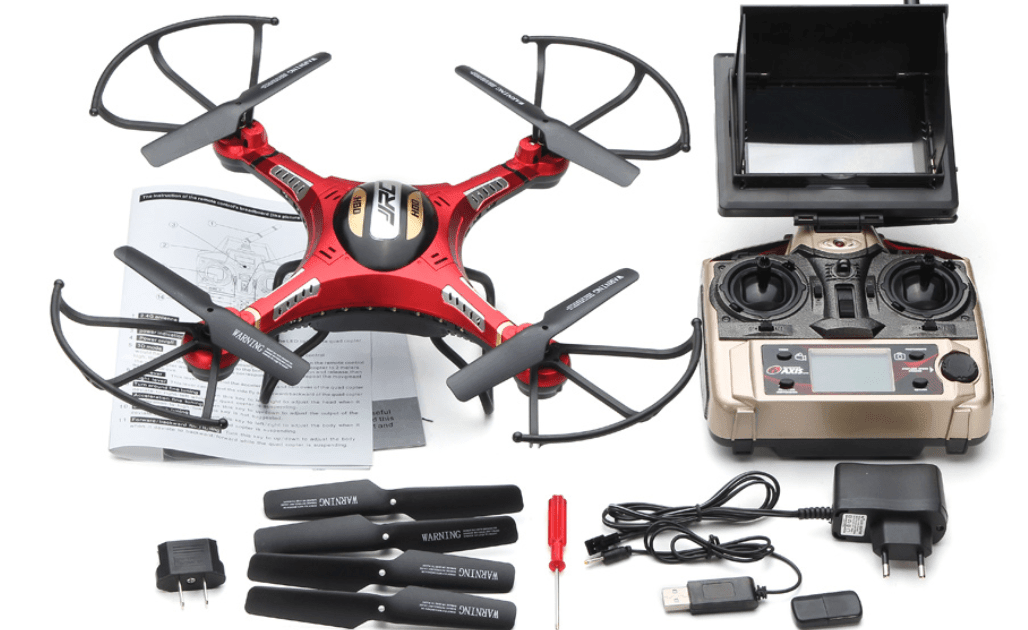 drone rojo con control y accesorios