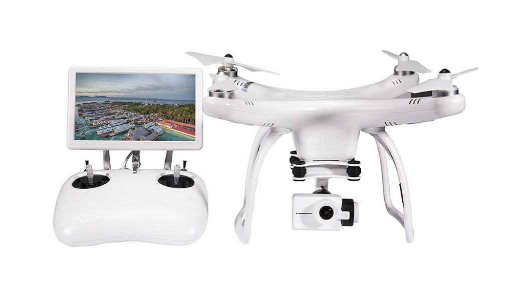 drone blanco y control remoto con pantalla